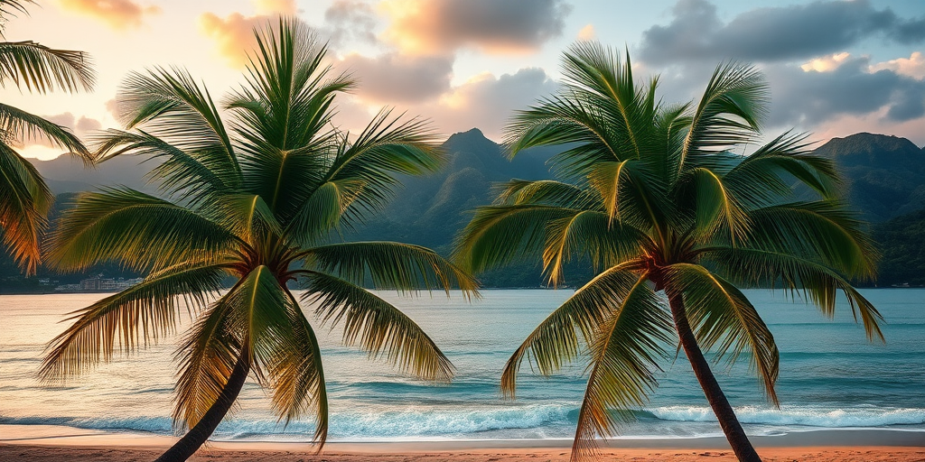 tropical beach scene with two palm trees framing a serene ocean view, soft waves lapping at the shore, lush green mountains in the background, warm sunset colors, DSLR camera, f/8 aperture, ISO 100, 24mm lens, wide-angle view, vibrant color saturation, high dynamic range
