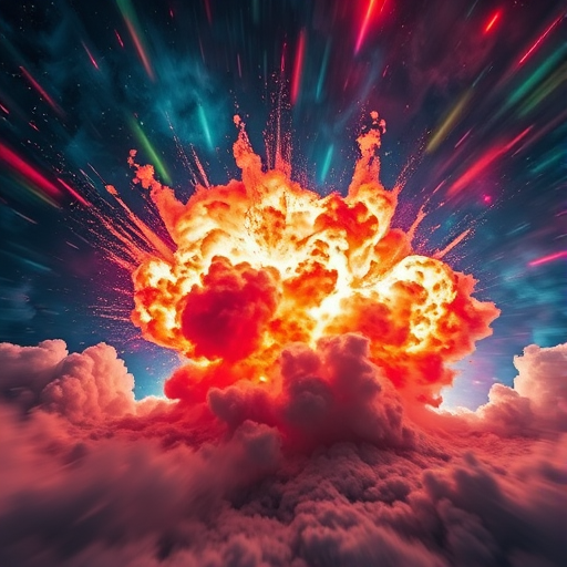 Create a vivid explosion in a cosmic setting with swirling clouds and vibrant colors, using a DSLR camera with a 24mm lens at f/8, ISO 100, and a long exposure setting to capture motion and detail, shot from a low angle to emphasize depth and scale.