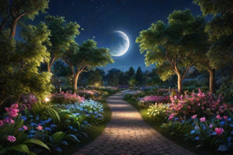 masterpiece, best quality, detailed, detailed background,mesmerise celestial moonlight,floral atmosphere,vibrant light-trail effect on a realistic,hyperdetailed glowing floral,luminous foliage,dreamlike oasis-garden, landscape, wide shot,