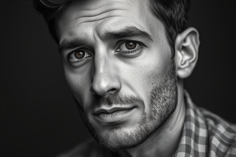 Create a high-contrast black and white portrait of a man with a thoughtful expression, using a DSLR camera with a 50mm lens, f/1.8 aperture, ISO 100, shutter speed 1/200s, and a shallow depth of field, focusing on his facial features while slightly blurring the background.