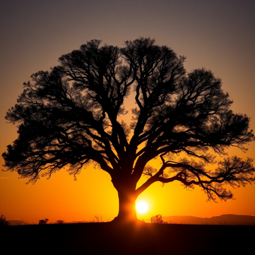 Create a high-resolution silhouette of a majestic tree against a sunset background, using a DSLR camera with a 50mm lens, aperture f/1.8, shutter speed 1/200s, and ISO 100, shot from a low angle to emphasize the tree's height and shape.