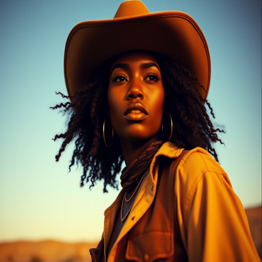 Dramatic photo of a beautiful Afro-Caribbean woman, classic cowboy attire, confident and free spirit expression, half-length portrait, centered, golden hour desert landscape, warm, diffused light, low angle, medium format film camera, in style of Annie Leibovitz.
