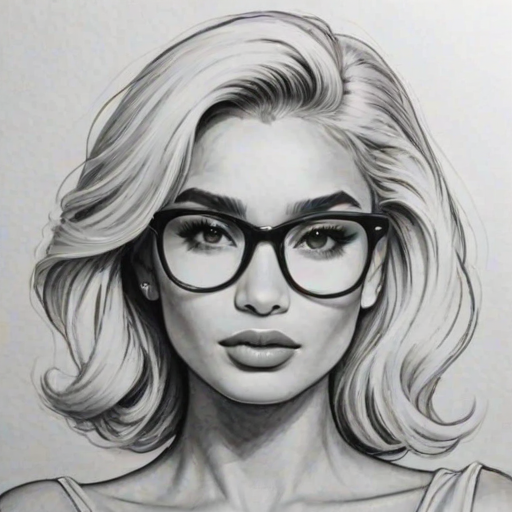 Gorgeous Pia Mia, pencil sketch, portrait of Graceful woman 1953s in glasses, hair style beatnik, outline, clear lines, fine lines, 8k