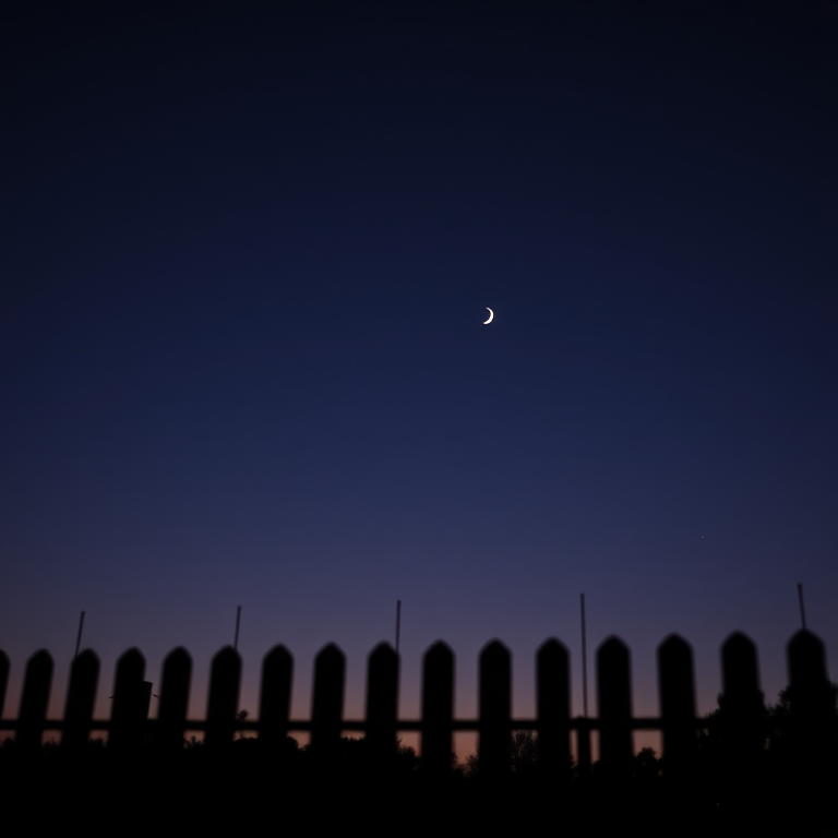 night sky with crescent moon and faint star above a silhouette of a fence, shallow depth of field, 50mm lens, f/1.8 aperture, ISO 200, 1/60 sec exposure, soft lighting, twilight setting