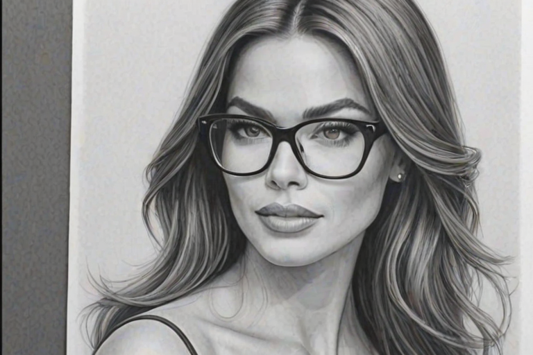 Captivating Sofia Vergara, pencil sketch, portrait of Exquisite woman 1978s in glasses, hair style beatnik, outline, clear lines, fine lines, 8k