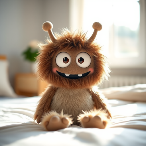 A cute furry monster plush toy with large eyes and a friendly smile sitting on a bed in a softly lit bedroom, taken with a DSLR camera at f/2.8 aperture, 50mm lens, ISO 200, in natural light, focus on the toy with a shallow depth of field to create a soft background blur.