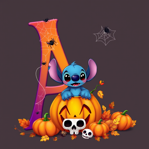 A whimsical and vibrant Halloween-themed digital illustration featuring the letter 'A' adorned with spider webs, small bats, and cute spiders. At the base of the letter, a playful alien character similar to Stitch is peeking out from inside a carved pumpkin with glowing eyes, surrounded by additional pumpkins, a small skull, and autumn leaves. The letter is gradient-colored from orange to purple, adding a magical atmosphere to the scene.