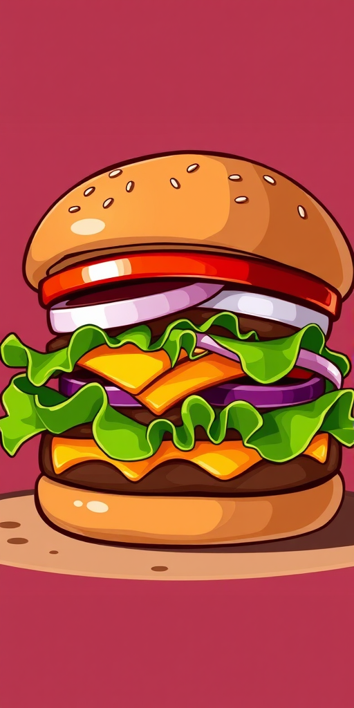 Create a high-resolution illustration of a cartoon burger with lettuce, tomato, onions, and cheese, using a DSLR camera with a 50mm lens, aperture f/2.8, ISO 100, and a shallow depth of field for a vibrant and detailed look.