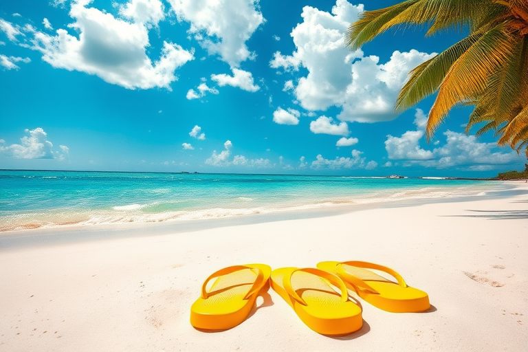 Generate a vibrant tropical beach scene with yellow flip-flops on soft white sand, clear turquoise water gently lapping at the shore under a bright blue sky filled with fluffy white clouds, using a DSLR camera with a 24mm lens, f/8 aperture, ISO 100, and a polarizing filter for enhanced colors and contrast.
