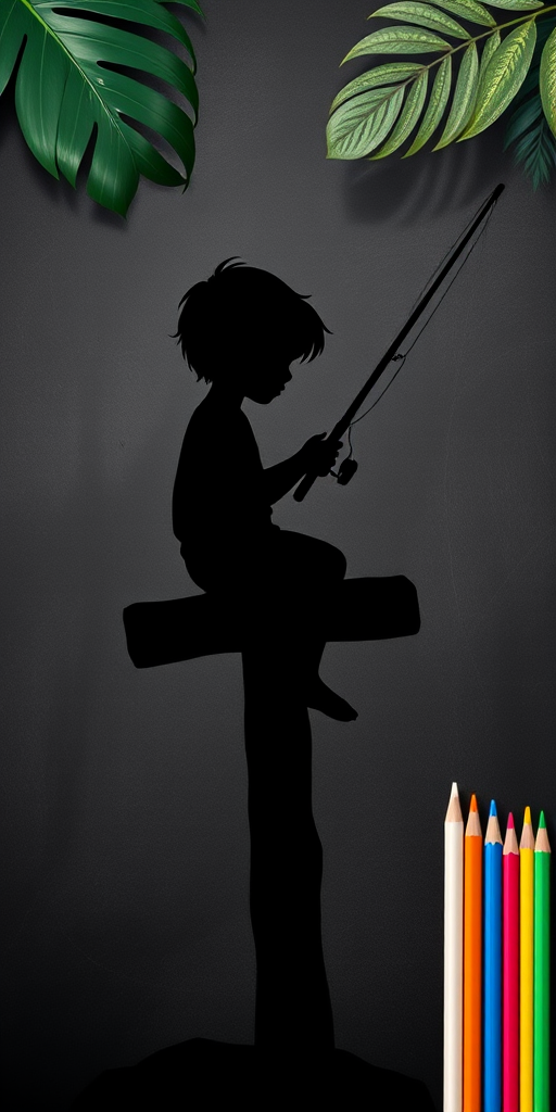 Create a high-resolution illustration of a silhouette of a child fishing while sitting on a wooden cross, captured with a DSLR camera at f/2.8, ISO 100, 50mm lens, in a shallow depth of field, with a soft focus on a chalkboard background adorned with tropical foliage and colored pencils on the side.