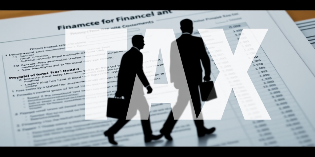 Generate an image of a financial document with a large "TAX" text overlay, featuring two silhouettes of businessmen walking away, using a Canon EOS 80D camera, 50mm lens, ISO 100, aperture f/1.8, and a soft focus background for depth.