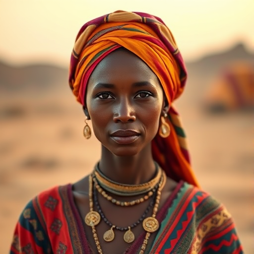 Portrait of a woman wearing traditional attire with a vibrant head wrap against a desert backdrop, 85mm lens, f/1.8 aperture, ISO 100, natural light, shallow depth of field, DSLR camera, warm color grading.