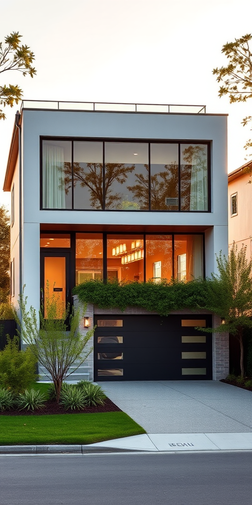 Generate a high-quality image of a modern two-story house with large glass windows, an elegant entrance, lush greenery in the front yard, and a stylish garage door, using a DSLR camera, aperture set to f/8, ISO 100, with a focal length of 24mm, taken during golden hour for natural lighting and a wide-angle view.