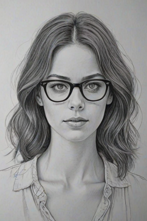 Captivating Kaya Scodelario, pencil sketch, portrait of Superb woman 1974s in glasses, hair style beatnik, outline, clear lines, fine lines, 8k