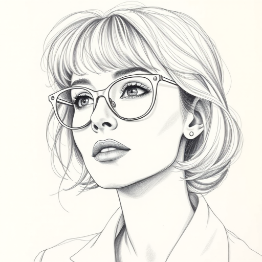 Beautiful Maggie Smith, pencil sketch, portrait of beautiful woman 60s in glasses, hair style beatnik, outline, clear lines, fine lines, 8k