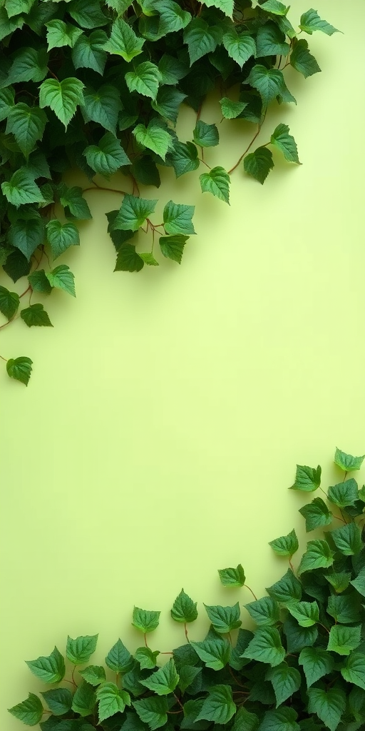 create an image of a light green background with an ornate border of various green ivy leaves, using a DSLR camera with a telephoto lens, aperture set to f/4, shutter speed 1/125, ISO 100, in natural light to enhance texture and color vibrancy