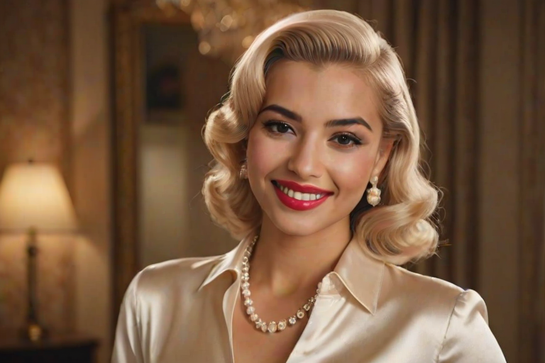 A beautiful Latino woman reminiscent of 1950s Hollywood glamour, with perfectly styled blonde hair and a seductive smile, dressed in a satin blouse and adorned with pearls, soft and warm tones, photorealistic, 8K
