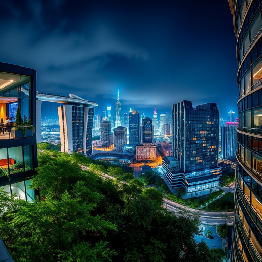 capture a high-resolution nighttime image of modern architecture with greenery alongside a city skyline, using a full-frame DSLR camera, aperture f/8, ISO 200, shutter speed 1/60s, in a panoramic view with enhanced saturation and contrast settings