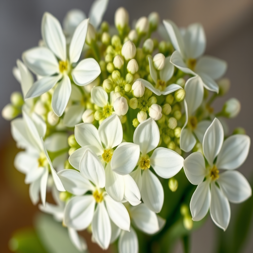 Capture a high-resolution image of a bouquet of delicate white and green flowers with soft petals, using a Canon EOS R5, 50mm f/1.2 lens, shot at f/2.8, ISO 100, in natural light, with a shallow depth of field and a clean, blurred background for enhanced focus on the flowers.