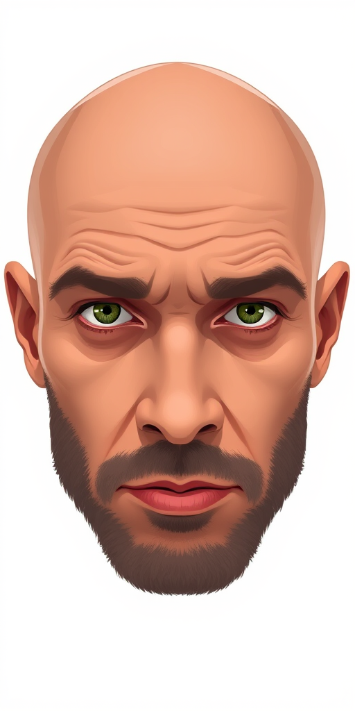 Create a high-resolution digital illustration of a bald man's face with detailed expressions, using a 50mm lens, f/4 aperture, ISO 100, captured from a front view with a soft focus effect, in a vector art style.