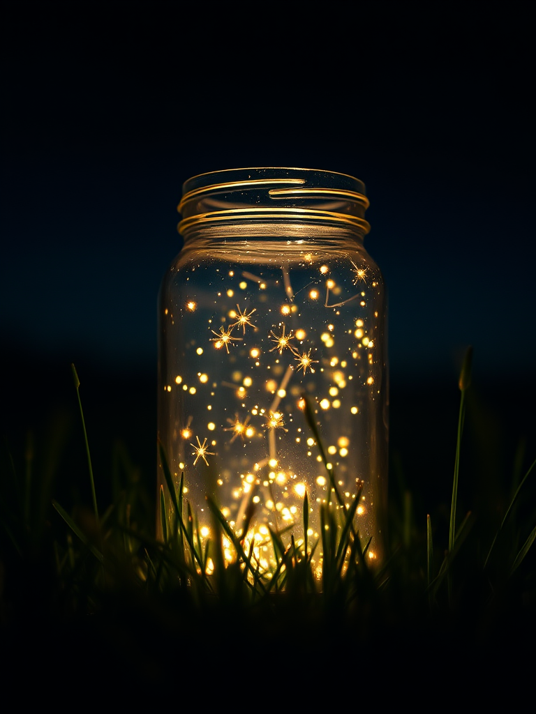 Create a glowing jar filled with fireflies in a dark night sky, surrounded by soft grass, using a DSLR camera with a 50mm lens, f/1.8 aperture, ISO 200, and a long exposure of 10 seconds for enhanced light capture and detail.