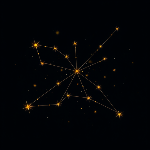 Create an illustration of a constellation with stars connected by lines, set against a dark background, using a Canon EOS 5D Mark IV with a 50mm f/1.8 lens, aperture at f/2.8, ISO 800, shot from a wide-angle view to enhance depth and detail.