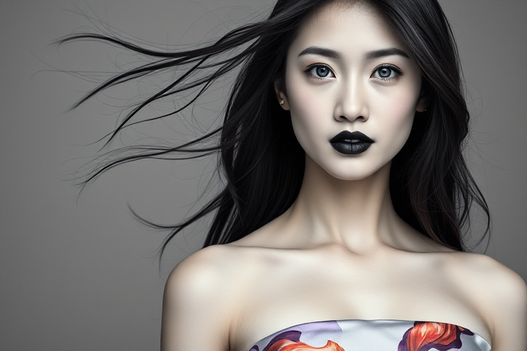 Photographic image of a beautiful young Asian woman, blue eyes, lips with black lipstick, long hair fluttering in the wind and wearing a silk strapless dress with a soft purple and orange print. monochrome image with only color highlights in the iris of the eyes, lipstick and dress. Gray background.