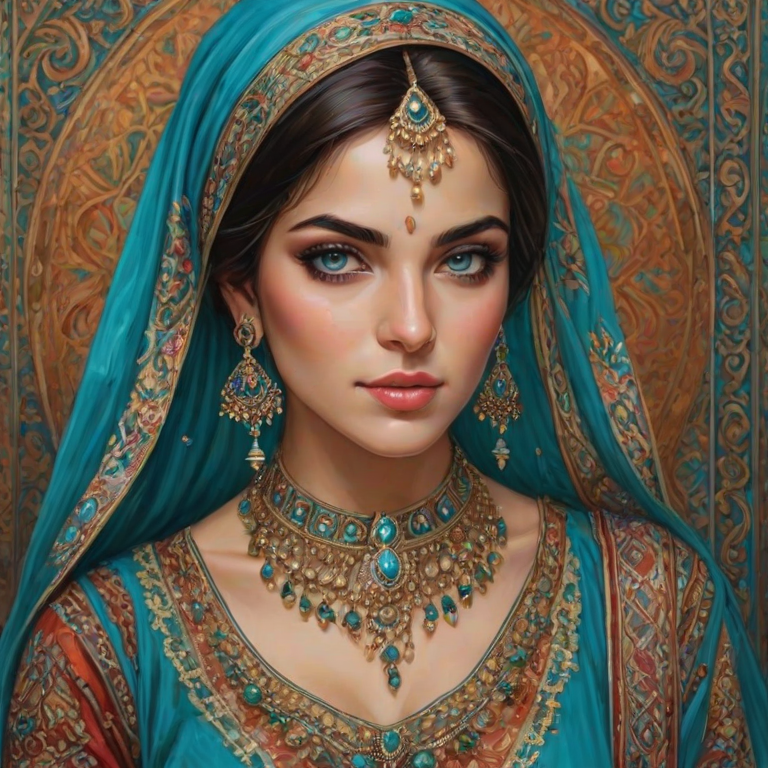 Create a portrait of a beautiful Persian woman with striking cyan eyes and a gentle expression. She is adorned in traditional attire with intricate patterns, including a richly embroidered headscarf and matching garments. Her jewelry includes a delicate headpiece, dangling earrings, and ornate bracelets, all featuring vibrant gemstones and detailed metalwork. The background is soft and warm, enhancing the rich colors of her outfit and jewelry.