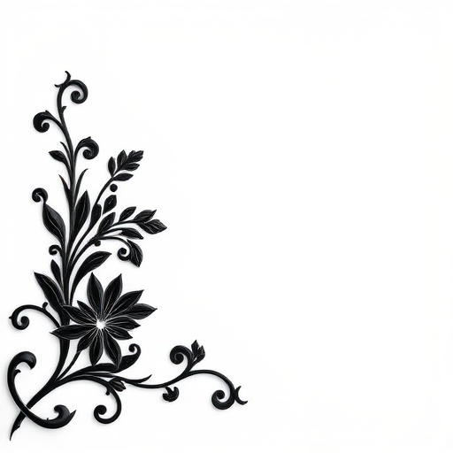 Regenerate the intricate black floral corner design on a white background, using a DSLR camera with a 50mm lens, aperture set to f/2.8, ISO 100, and a soft natural light setup for enhanced clarity and detail.