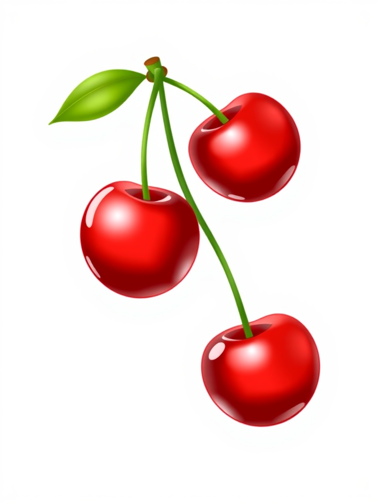 create an illustration of two glossy red cherries on a green stem with a white background