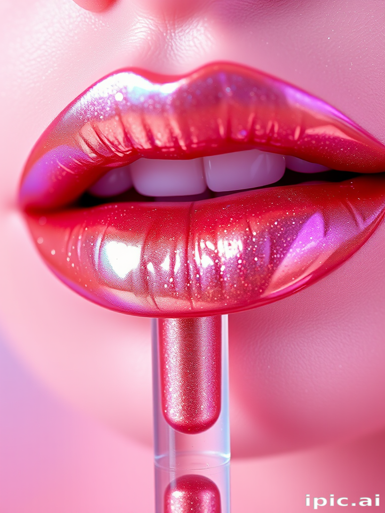 Holographic rose gold lip gloss "Galactic Bloom" featuring a duochrome shift, ultra-fine shimmer, and a cushiony texture for a futuristic and feminine look
