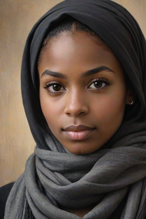 Create a portrait of a young African American female with long, dark hair and captivating hazel eyes. She is wearing a black headscarf and a matching scarf draped gracefully around her neck. The background is softly blurred, focusing attention on her serene and natural expression. The overall color palette is muted and warm, enhancing the intimate and authentic feel of the portrait.