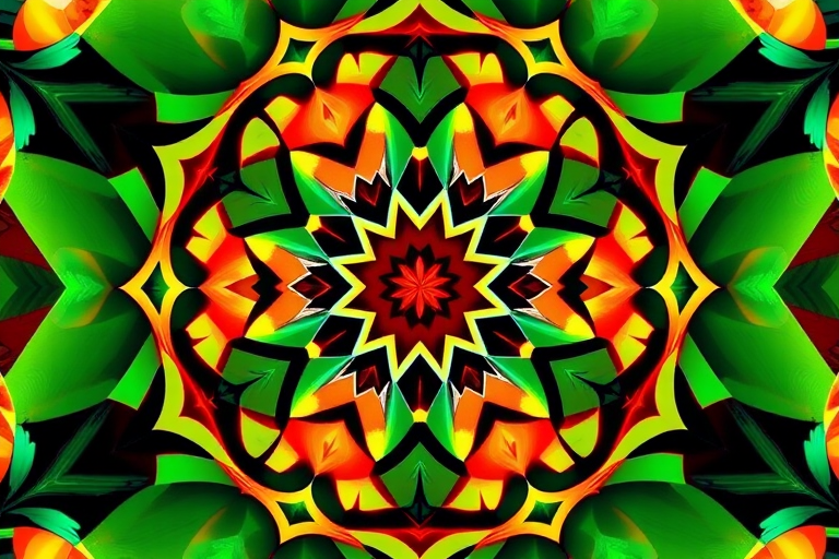 Generate a high-resolution image of a detailed abstract design featuring geometric shapes and vibrant colors, captured with a DSLR camera at ISO 100, f/8 aperture, 1/200 sec shutter speed, using a wide-angle lens from a top-down view.