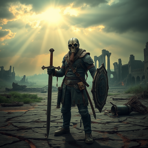 A post-apocalyptic wasteland with a lone figure, The Last Warden, standing in the foreground. He wears a skull-like gas mask, with cracked lenses, and a rugged mix of leather and scavenged armor. His attire is weathered and patched, showing signs of long battles and harsh environments. In one hand, he holds a sword made from broken steel, and in the other, a shield made from scrap metal. The background features a desolate landscape with crumbling ruins of a once-thriving city, shrouded in toxic green and orange haze. The ground is cracked, with dead vegetation and twisted remnants of civilization. The sky is ominous, with dark clouds and faint rays of sunlight breaking through, symbolizing a glimmer of hope in the midst of despair. Increase the brightness of the background, making the sunlight more prominent and casting more light on the ruins and the figure to enhance the sense of hope in the scene.