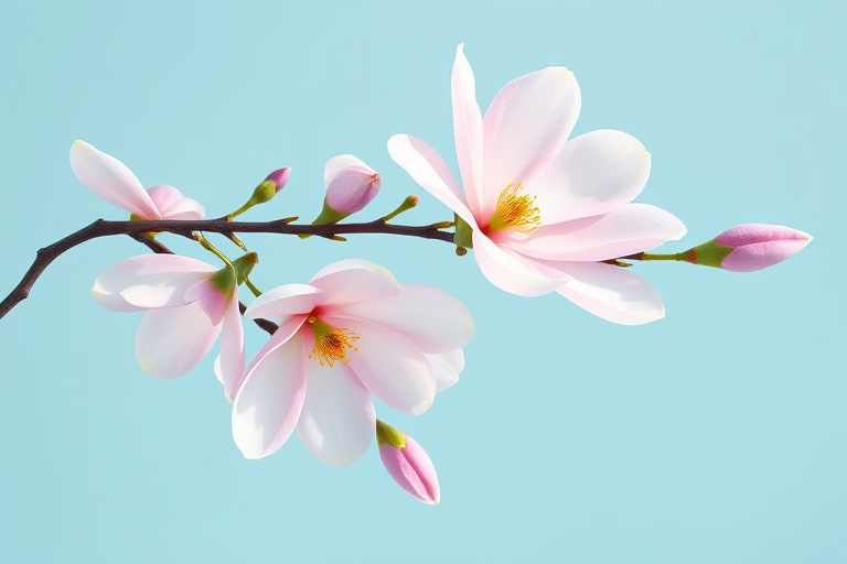 Create a high-resolution digital illustration of a magnolia branch with soft pink flowers against a pastel blue background, using a Canon EOS R5, 50mm lens, f/2.8 aperture, 1/200 sec shutter speed, and natural light to enhance details and colors.