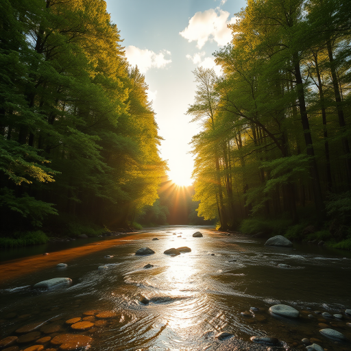 Create an image of a serene, sunlit forest scene with a clear, gently flowing river. Tall trees with lush green foliage line both sides of the river, their leaves bathed in the warm golden light of the setting or rising sun. The sunlight filters through the trees, casting soft, dappled light on the river, which flows over smooth rocks and pebbles, creating a peaceful, natural atmosphere. The sky is bright with a few scattered clouds, and the overall mood is tranquil, evoking a deep sense of connection with nature. The image captures the beauty of a calm, pristine forest landscape at either dawn or dusk.