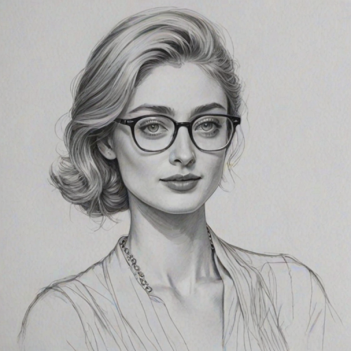 Splendid Elizabeth Debicki, pencil sketch, portrait of Exquisite woman 1971s in glasses, hair style beatnik, outline, clear lines, fine lines, 8k