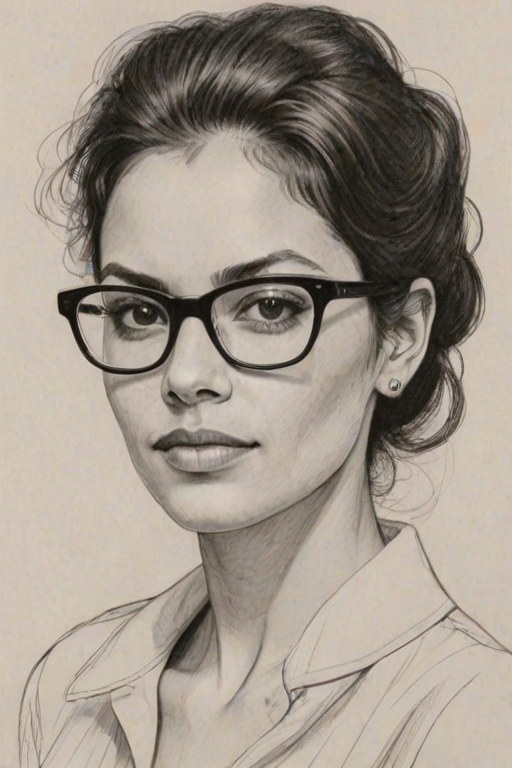 Lovely Zuleikha Robinson, pencil sketch, portrait of Superb woman 1977s in glasses, hair style beatnik, outline, clear lines, fine lines, 8k