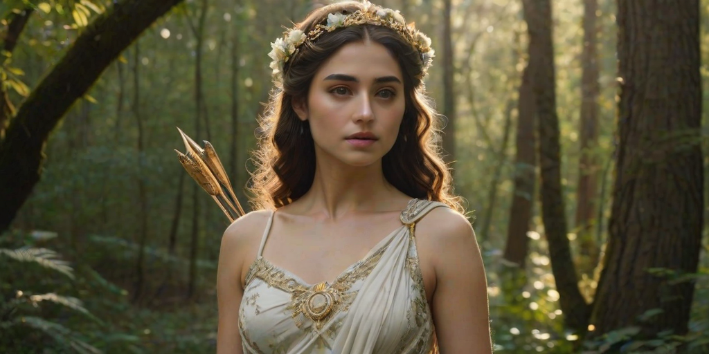 Create a portrait of a goddess-like Armenian girl figure in a tranquil, forested environment. She has an elegant appearance with long, wavy hair styled in an updo and adorned with a delicate, floral headband. She wears a flowing, ancient Greek-inspired gown in a soft, pale color, featuring a one-shoulder design and draped fabric that accentuates her graceful form. The outfit includes a decorative belt with ornate gold detailing, and she holds a bow in her hand, with a quiver of arrows slung over her shoulder. The background depicts lush greenery, with sunlight filtering through the trees, casting a gentle, ethereal light on the scene. Her expression is calm and contemplative, embodying a sense of wisdom and serenity.