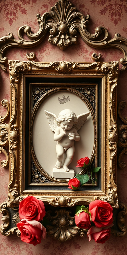 Create a vintage-style image featuring ornate frames with a cherub and roses, using a DSLR camera with a 50mm lens at f/1.8, ISO 100, shot from an eye-level perspective in natural light for enhanced detail and clarity.