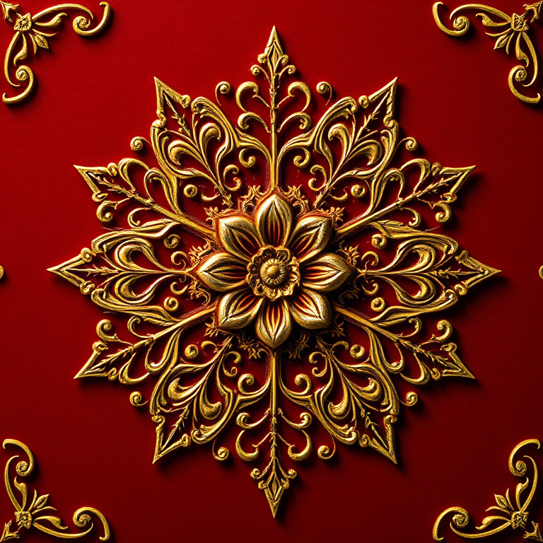 Create a detailed and ornate floral design with intricate golden swirls and patterns on a deep red background, captured with a DSLR camera at f/2.8 aperture, 50mm lens, ISO 100, using a macro photography style for enhanced texture and depth.