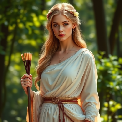 Create a portrait of a goddess-like female figure in a tranquil, forested environment. She has an elegant appearance with long, wavy hair styled in an updo and adorned with a delicate, floral headband. She wears a flowing, ancient Greek-inspired gown in a soft, pale color, featuring a one-shoulder design and draped fabric that accentuates her graceful form. The outfit includes a decorative belt with ornate gold detailing, and she holds a bow in her hand, with a quiver of arrows slung over her shoulder. The background depicts lush greenery, with sunlight filtering through the trees, casting a gentle, ethereal light on the scene. Her expression is calm and contemplative, embodying a sense of wisdom and serenity.