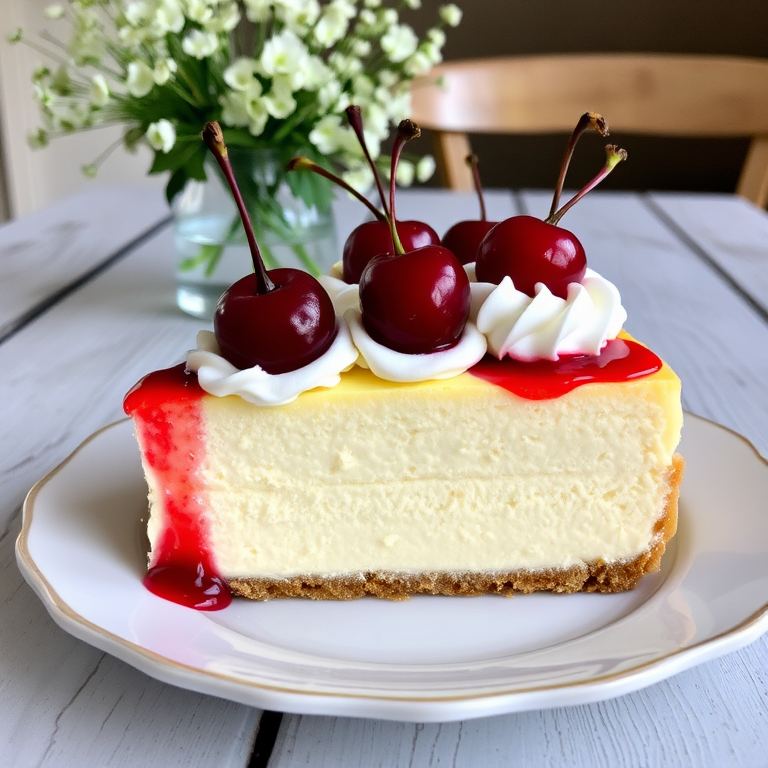 A beautifully sliced piece of creamy cheesecake topped with whipped cream and cherries, served on a delicate plate, with a rustic wooden table in the background and a vase of delicate white flowers.
