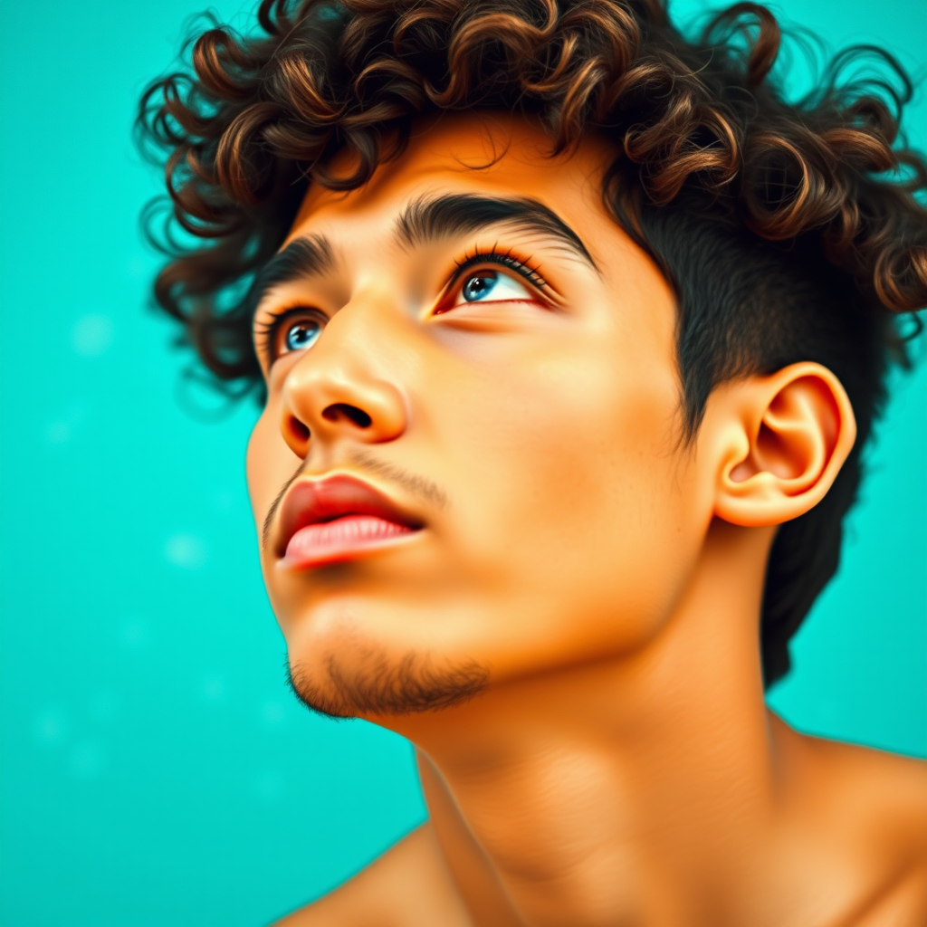 Create a vibrant portrait of a young man with curly hair, looking upwards, against an abstract teal background, using a Canon EOS R5, 85mm lens, f/1.8 aperture, ISO 100, in soft natural lighting with a shallow depth of field and a painterly style.