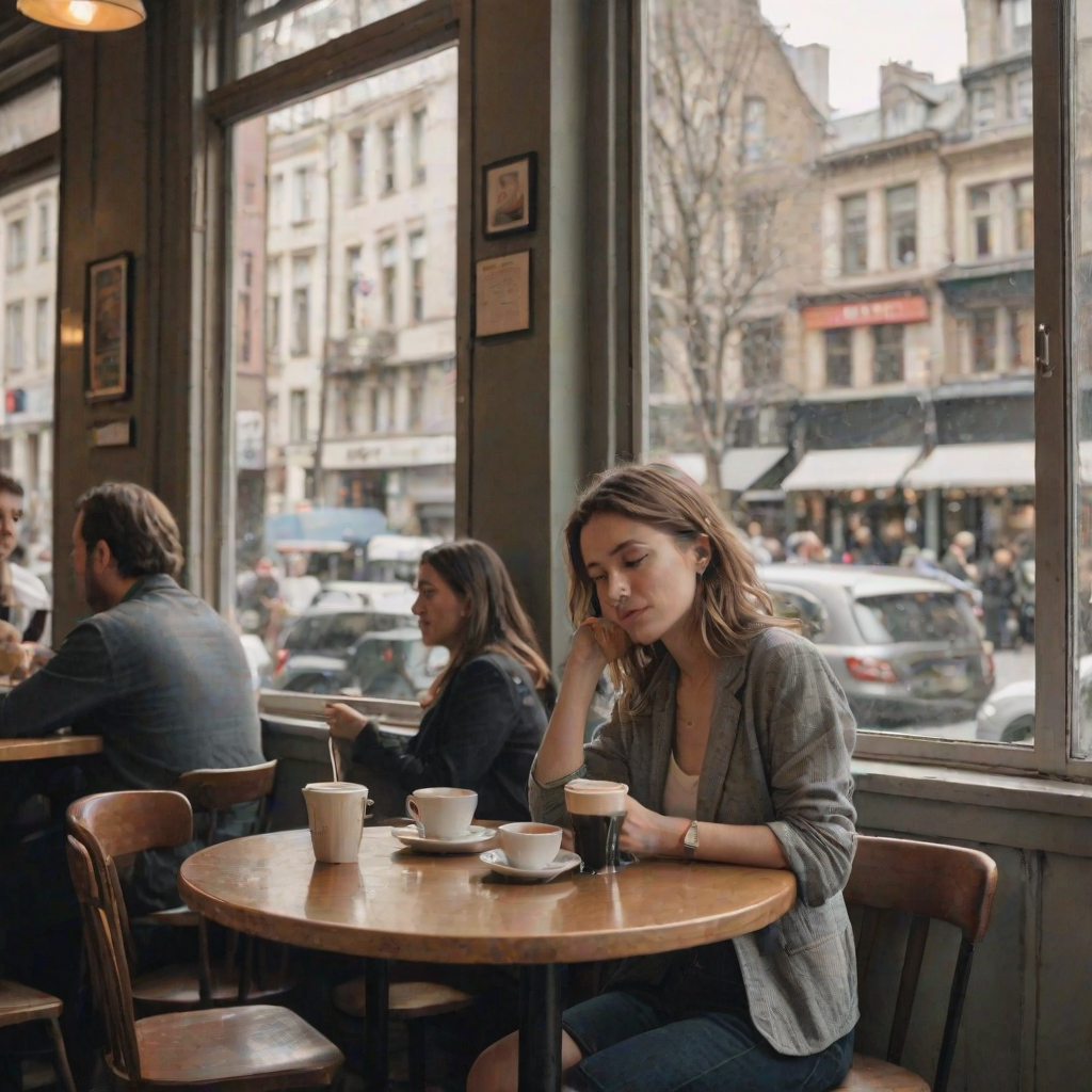Crowded cafe in a bustling city, the sound of chatter and clinking cups filling the air, as a woman sits at a small table by the window, lost in thought.
