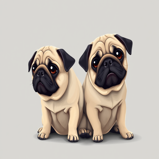 Create a high-resolution illustration of two pugs sitting on a smooth gray background, with a focus on detailed fur texture and expressive eyes, using a digital art style similar to vector graphics, with a canvas size of 3000x3000 pixels, ensuring sharp lines and vibrant colors, simulating a soft lighting effect, akin to a studio photography setup with a shallow depth of field.