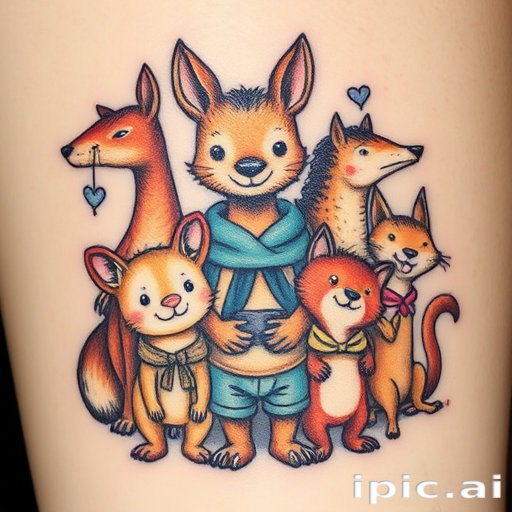 Illustrative tattoo titled "Storybook Menagerie" featuring whimsical animal characters with human-like expressions and clothing, inspired by vintage children's book illustrations, admired for its charming details and nostalgic appeal