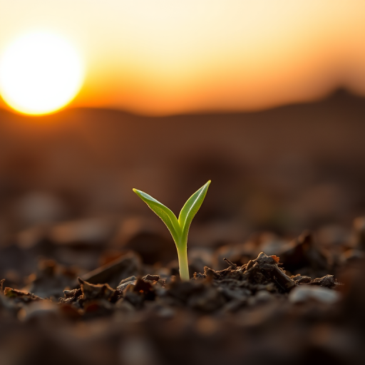 A single green sprout emerging from rich brown soil, softly illuminated by a warm gradient sunset background, captured with a DSLR camera at f/2.8, 50mm lens, ISO 100, with a shallow depth of field to blur the background and enhance focus on the sprout.