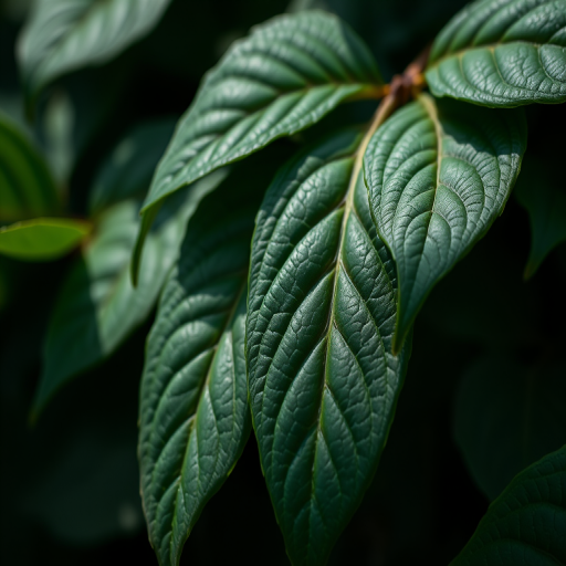 close-up shot of dark green leaves with texture details, natural light, ISO 100, f/2.8, shutter speed 1/200 sec, macro lens, DSLR camera