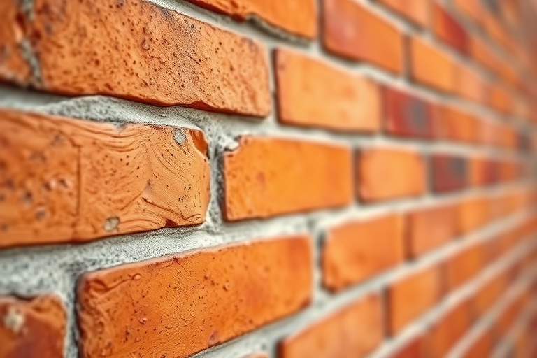 Capture a close-up of a textured brick wall with vibrant orange and red tones, using a DSLR camera, 50mm lens, f/1.8 aperture, ISO 100, 1/200 sec shutter speed, natural light, and a shallow depth of field for enhanced detail and focus.